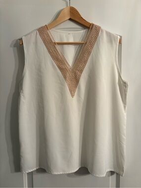 Sleeveless White V-Neck Top with Gold Crochet Trim